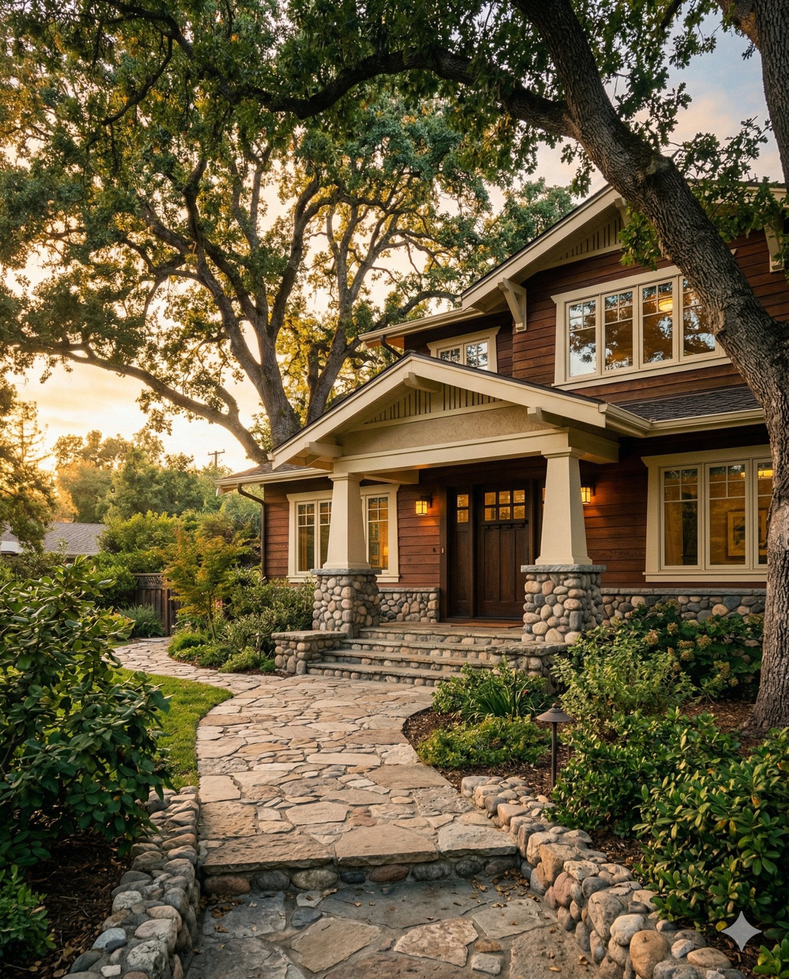 California craftsman estate home at golden hour