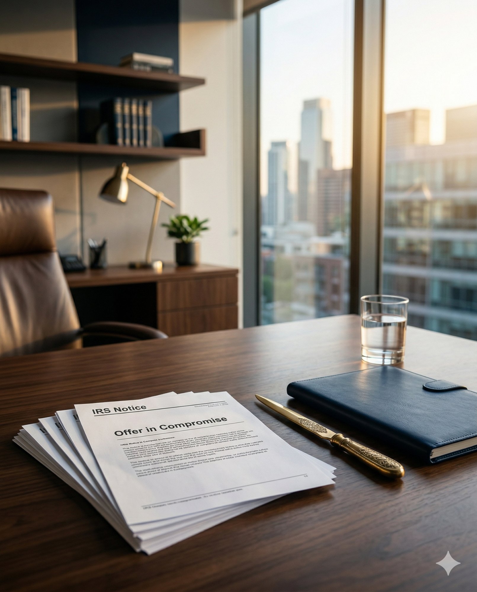 IRS Notice and Offer in Compromise documents on attorney desk